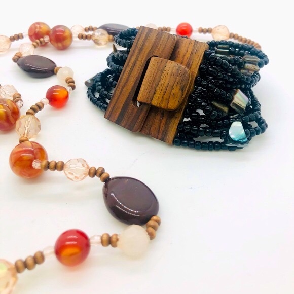 Vintage Glass Bead Necklace & Multi Strand Wood Buckle Bracelet - Picture 9 of 15